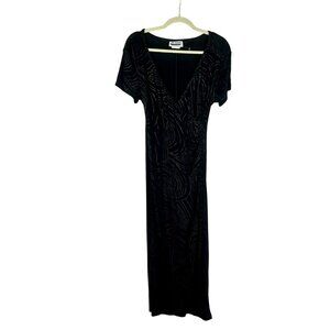 Vintage 90s Y2K En Focus Stretch Midi Dress Women 12 Black Silver Polka Dots